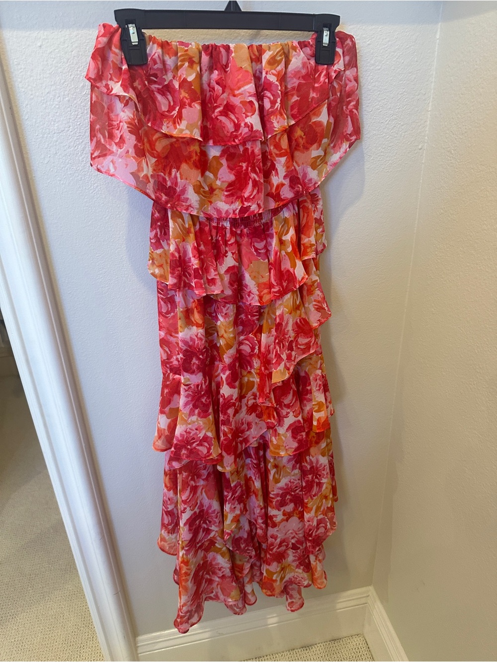 Misa Los Angeles Strapless Ruffle Tiered Floral Dress in Pink & Orange